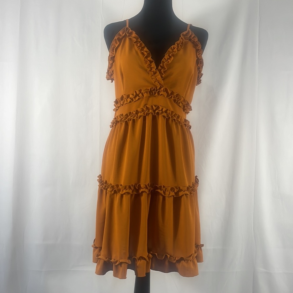 Ruffled Orange,brown dress, zipper back, adjustable spaghetti straps, Large - Picture 9 of 9